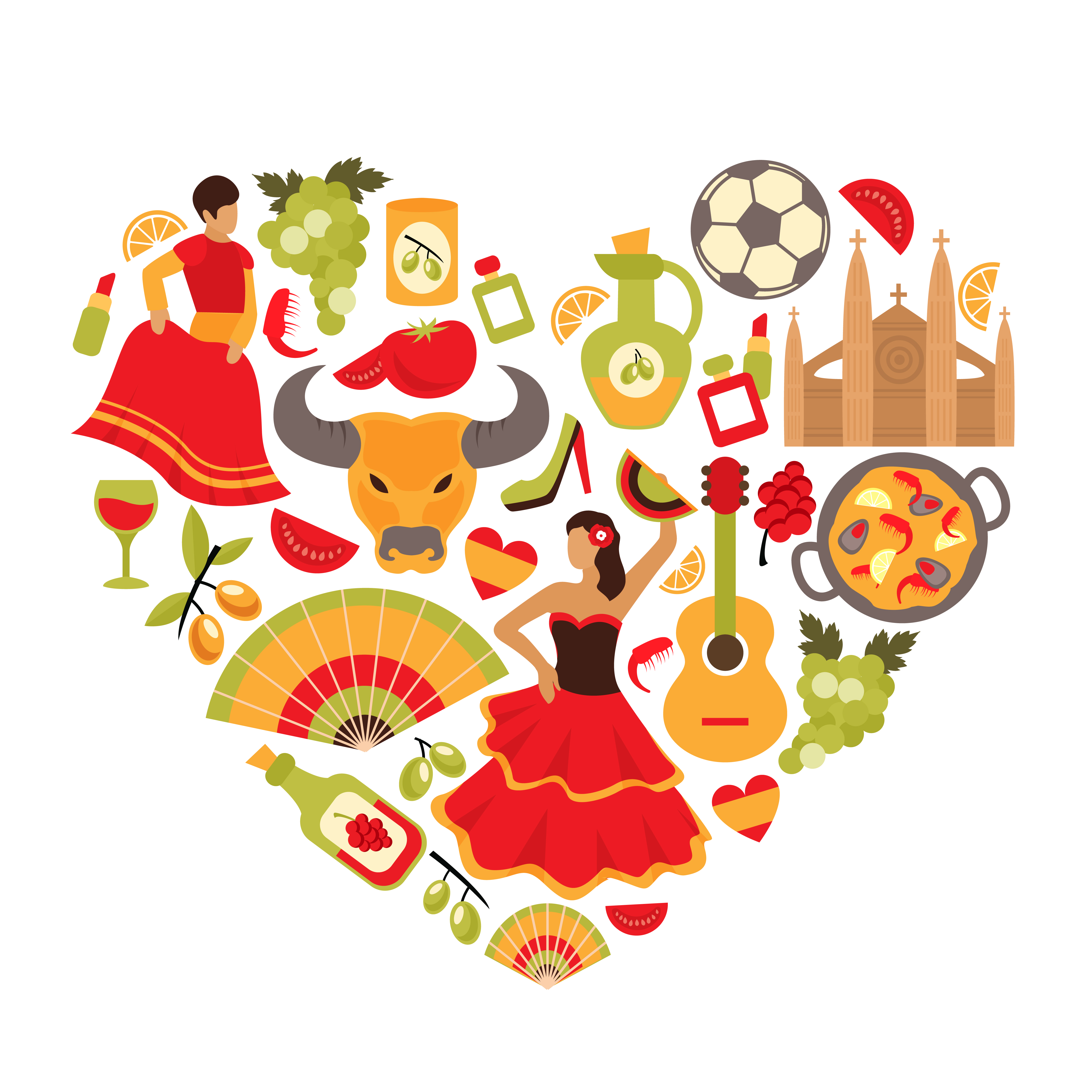 Heart shaped graphic of various Spanish cultural items